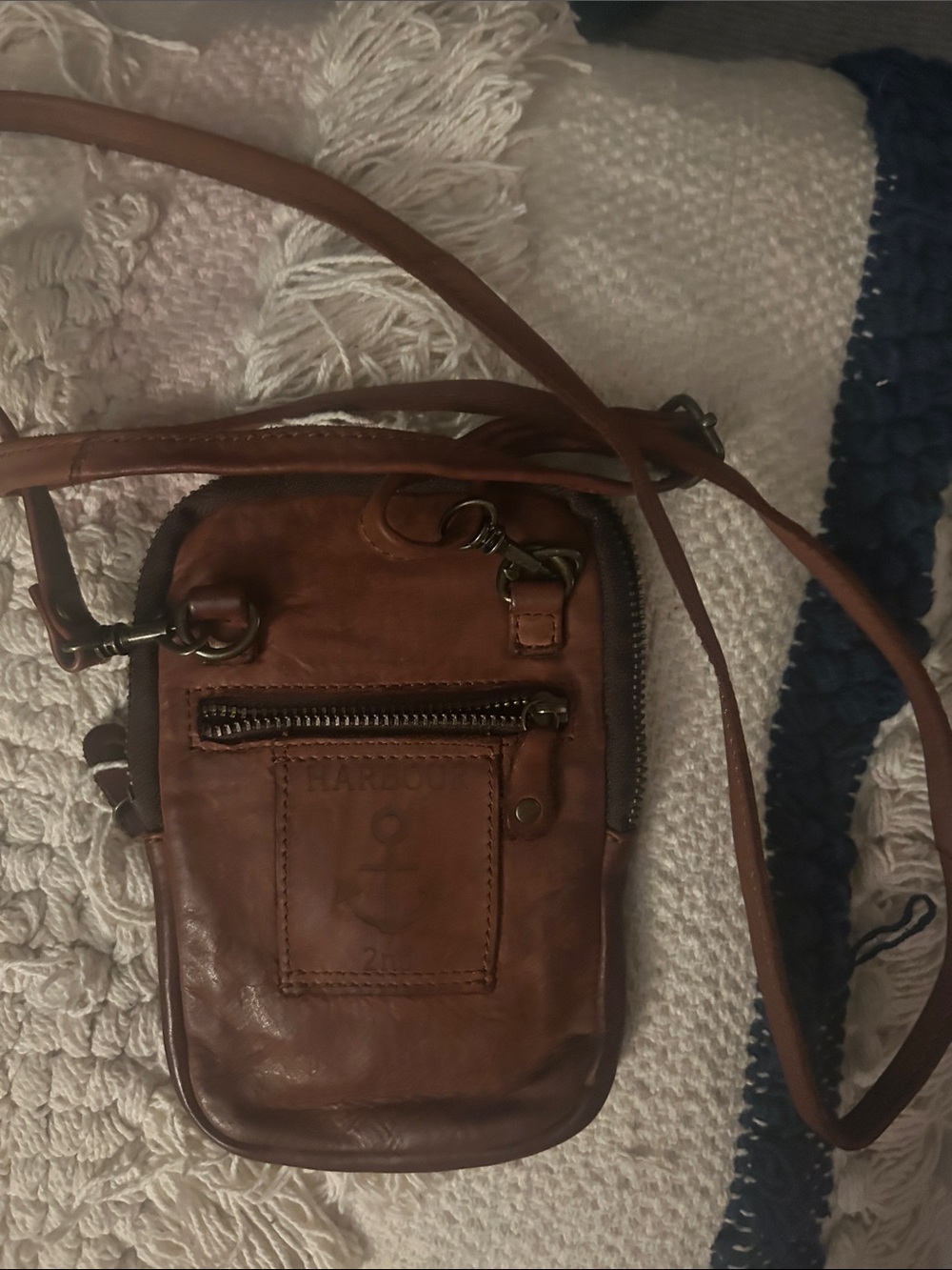 Brown Leather Crossbody Phone Pouch with Anchor Embossing